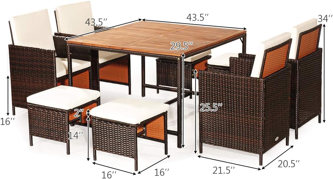 COSTWAY 9PCS Patio Rattan Dining Set Cushioned Chairs Ottoman Wood Table Top White