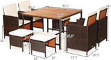 COSTWAY 9PCS Patio Rattan Dining Set Cushioned Chairs Ottoman Wood Table Top White COSTWAY