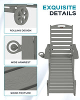 Lounge Chair Outdoor, Oversized Chaise Lounge Chair with 5 Positions, HDPE, Patio Lounge Chair with Wheels & Cup Holder for Pool, Deck, Poolside, Grey Ciokea