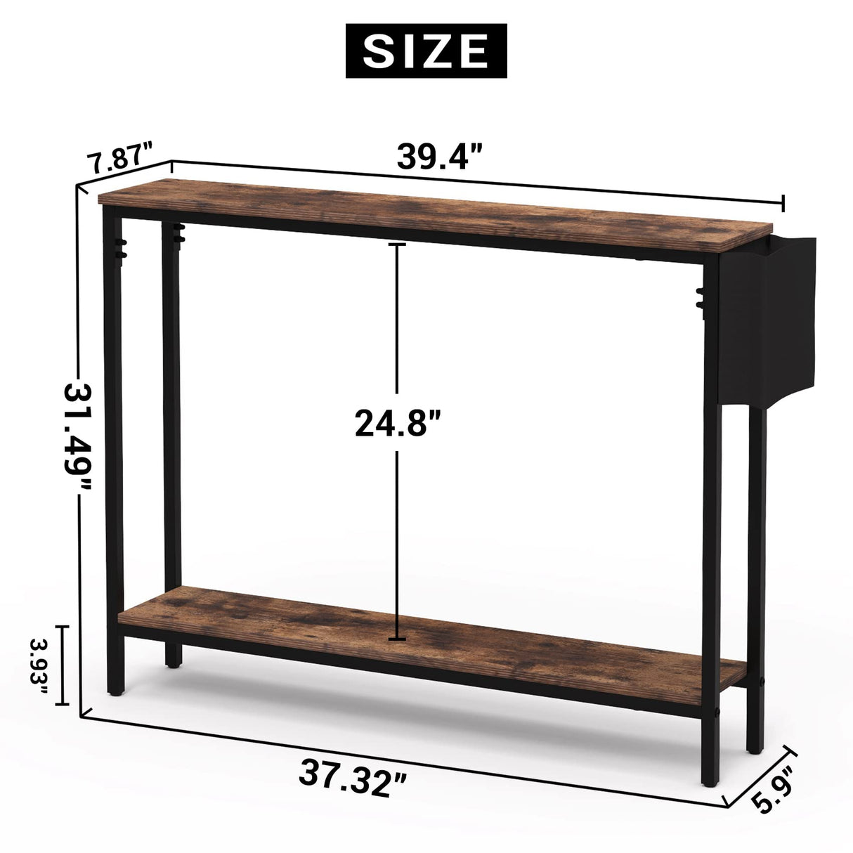 Bigbiglife 39.4" Console Entryway Table, 2-Tier Industrial Narrow Sofa Table with Storage Shelves for Hallway, Living Room, Bedroom, Foyer, Corridor, Office, Rustic Brown and Black Bigbiglife