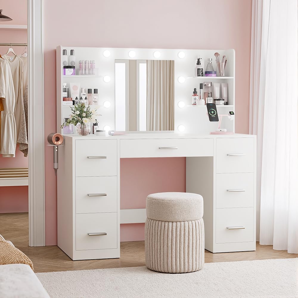 YESHOMY Vanity Desk with Mirror, Power Outlet and 10 Lights, Makeup Table with 7 Drawers, 3 Color Modes Available for Bedroom, Light White YESHOMY