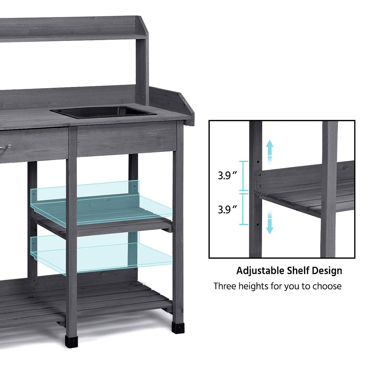 Yaheetech Outdoor Potting Bench Table Potters Benches Garden Workstation for Horticulture with Drawer/Adjustable Shelf Rack/Removable Sink/Hooks/Pads, Gray - WoodArtSupply