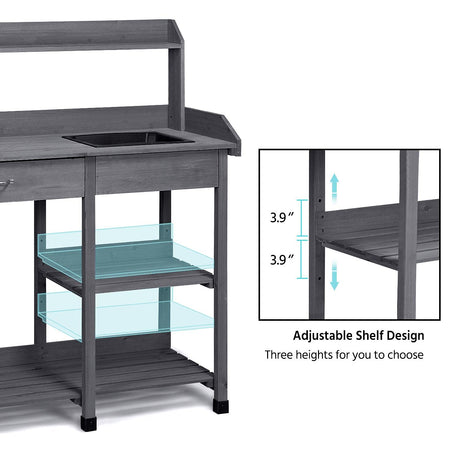 Yaheetech Outdoor Potting Bench Table Potters Benches Garden Workstation for Horticulture with Drawer/Adjustable Shelf Rack/Removable Sink/Hooks/Pads, Gray Yaheetech