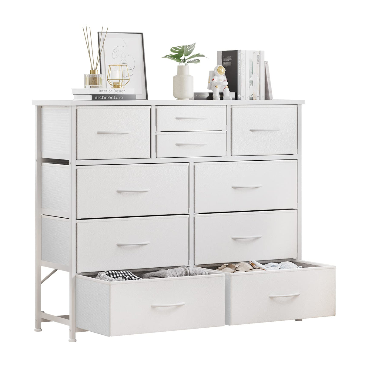 LUMTOK 10-Drawer Dresser, Fabric Storage Dressers Drawers for Bedroom, Hallway, Nursery, Closets, Steel Frame, Wood Top, Easy Pull Handle (White) LUMTOK