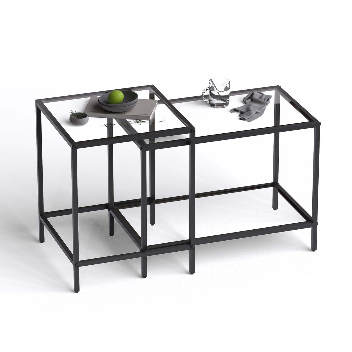 Nesting Coffee Table,Small Glass Coffee Table Set of 2,Black Modern Square Sofa Side Tea Table for Living Room,Bedroom and Small Spaces,2 Tier Tempered Glass with Sturdy Metal Frame, Easy Assembly Adompacat