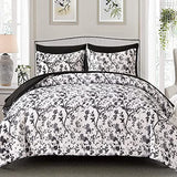 LLDSYW King Size Comforter Set - 7 Pieces Bed in a Bag Soft Microfiber Bedding Comforter Set Leaves Floral Pattern on White Comforter Sets with Sheets for All Seasons (King, Black) LLDSYW