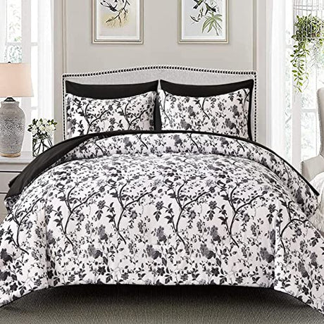 LLDSYW King Size Comforter Set - 7 Pieces Bed in a Bag Soft Microfiber Bedding Comforter Set Leaves Floral Pattern on White Comforter Sets with Sheets for All Seasons (King, Black) LLDSYW