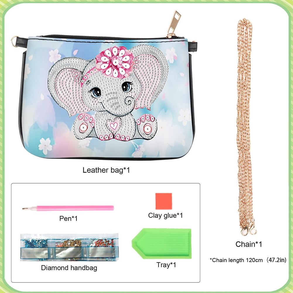 5D DIY Diamond Art Purses Diamond Art Kits for Adults, Elephant Shoulder Makeup Bag Chain Leather Clutch Purse, Holiday Birthday ﻿ POETRYDRAW