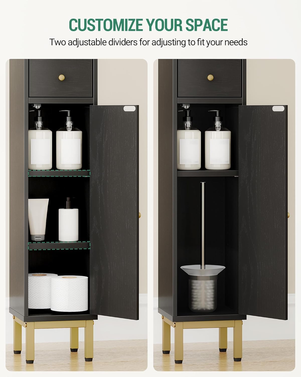 Hzuaneri Bathroom Cabinet with Adjustable Shelves, Freestanding Floor Cabinet, Tall Black Bathroom Storage Cabinet, Narrow Toilet Paper Storage, 7.9"D x 7.9"W x 70.9"H Hzuaneri