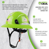 Full Brim Hard Hat Vented Construction Safety Helmet OSHA Approved Cascos De Construccion Work Hardhats with Cooling Towel for Men&Women 6 Point Adjustable Ratchet Suspension GREEN DEVIL