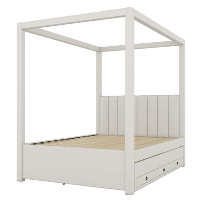 RUNNA Modern Full Size Upholstery Canopy Platform Bed with Trundle and Three Storage Drawers, Solid Wood Bed Frame for Kids Teens Adults (Beige/Linen, Full)