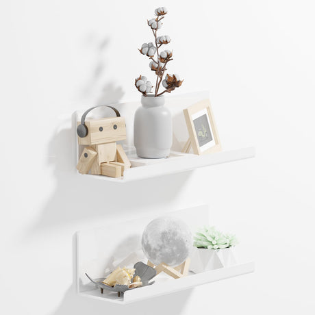 PAVSTINE Acrylic Wall Floating Shelves Set of 2, White 12 Inch Adhesive Organizer for Bathroom, Kitchen, Bedroom, Office, Gaming Room, No Wall Damage, No Drill PAVSTINE