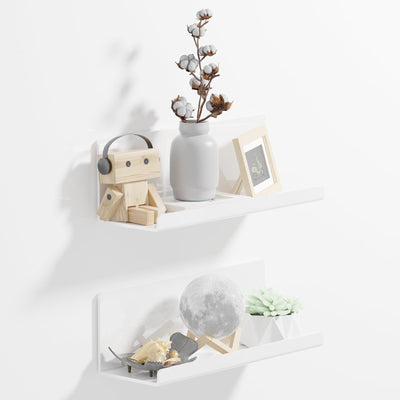 PAVSTINE Acrylic Wall Floating Shelves Set of 2, White 12 Inch Adhesive Organizer for Bathroom, Kitchen, Bedroom, Office, Gaming Room, No Wall Damage, No Drill