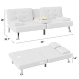 Flamaker Futon Sofa Bed Modern Folding Futon Set PU Leather Convertible Recliner Lounge for Living Room with 2 Cup Holders, Removable Armrests (PU Leather, White) Flamaker