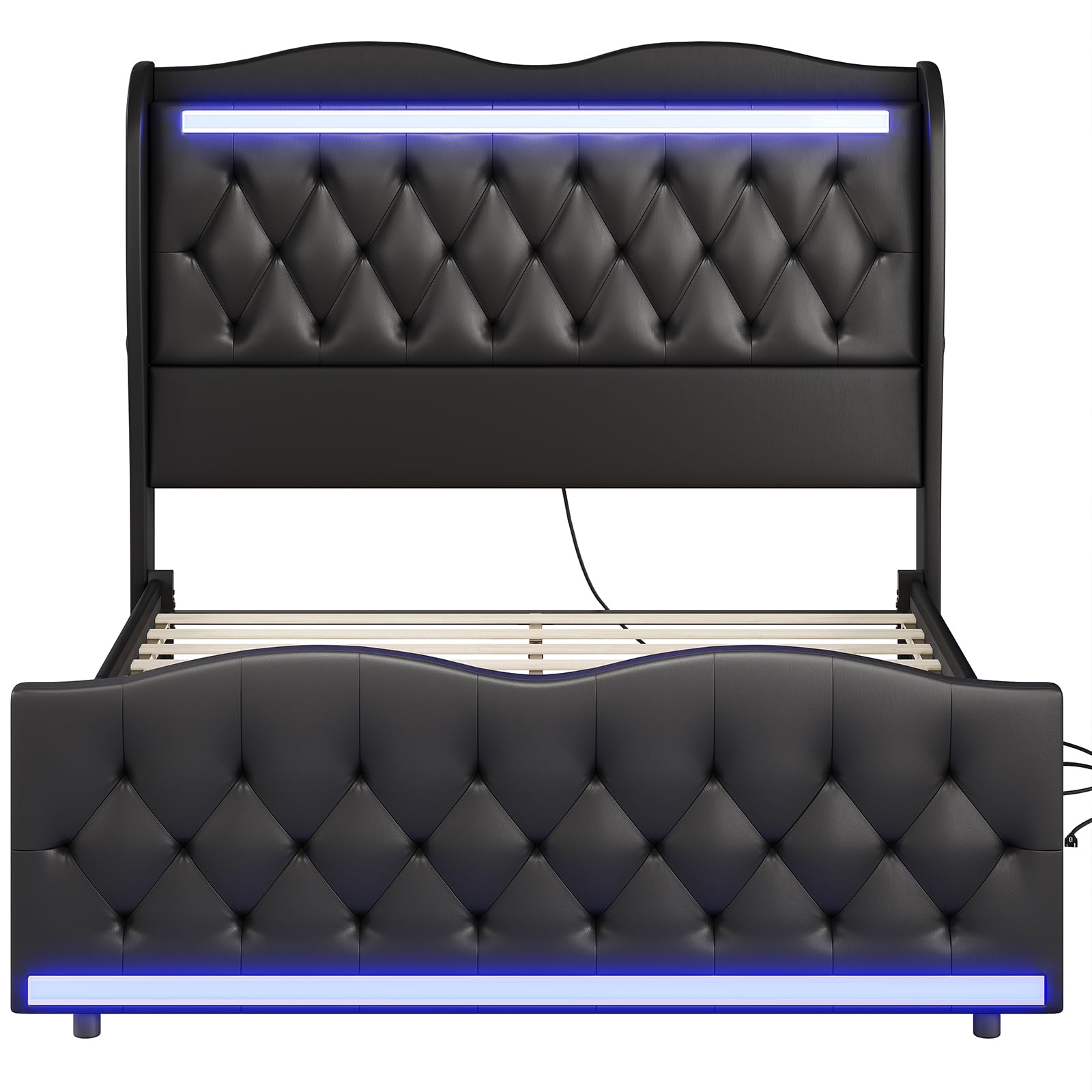 Elegant ADORNEVE Queen Size LED Bed Frame with Tall Wingback Headboard, Footboard, and Charging Station in Black PU Leather - WoodArtSupply