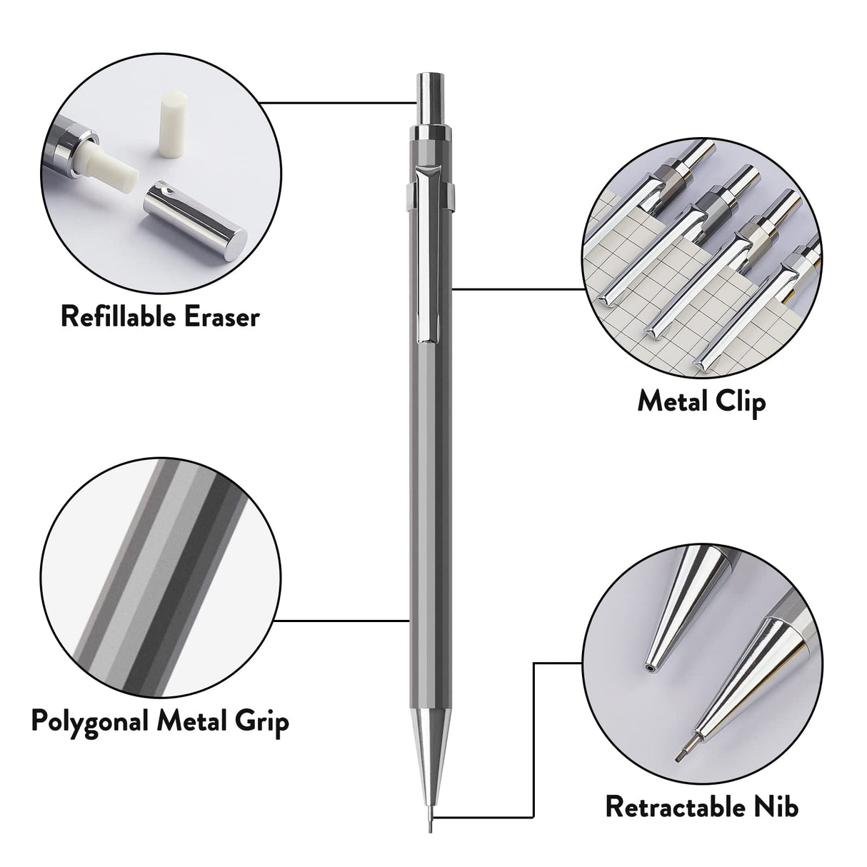 Four Candies 0.7mm Mechanical Pencil Set with Case - 4PCS Metal Mechanical Pencils, 8 Tubes HB #2 Lead Refills, 3PCS 4B Erasers and 9PCS Eraser Refills, Lead Mechanical Pencils for Writing & Drawing Four Candies