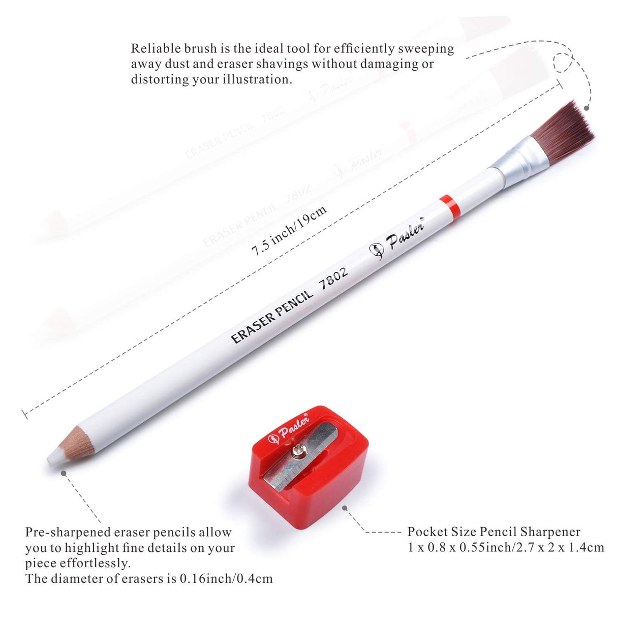 Pasler® Eraser Pencils 7802 Perfection Detail Eraser Pencil with Brush and Sharpener, Perfect for sketches and Coloured Illustrations (4- pack) Pasler