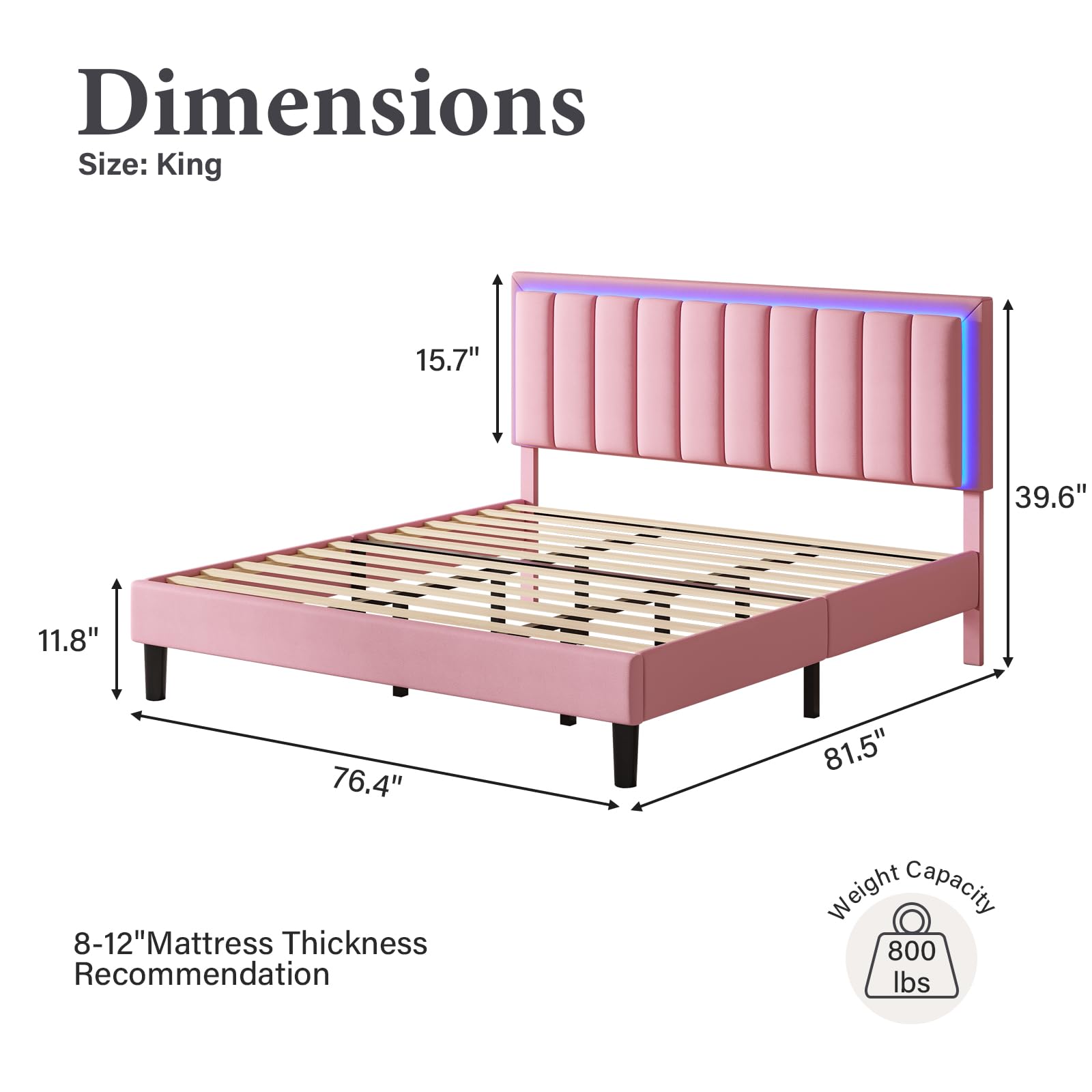 BarnFurin Pink King Size Bed Frame with LED Lights and Upholstered Headboard - WoodArtSupply