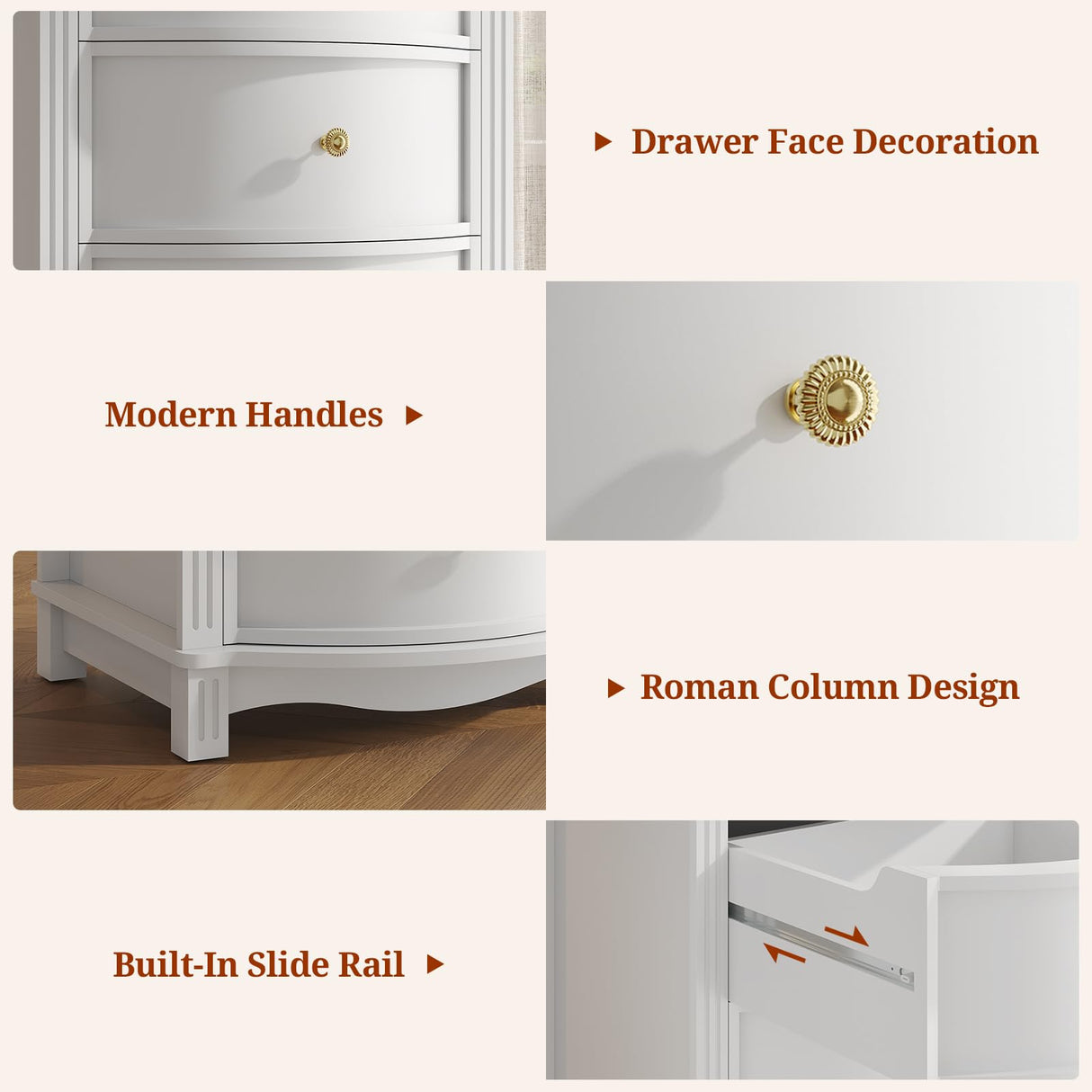 UPOSOJA AuraCurve Tall 5-Drawer Chest, Elegant Dresser with Five Arc Fronts, Roman Column Decor, Slim Floor Standing Storage Cabinet, 48.6x23.6x15.7 Inches(White, 5 Drawer) UPOSOJA