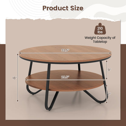 Giantex 2-Tier Round Coffee Table, 33.5" Wood Coffee Table with Open Storage Shelf & Heavy-Duty Steel Frame, Rustic Circle Coffee Table, Mid-Century Center Table for Living Room, Office, Waln - WoodArtSupply