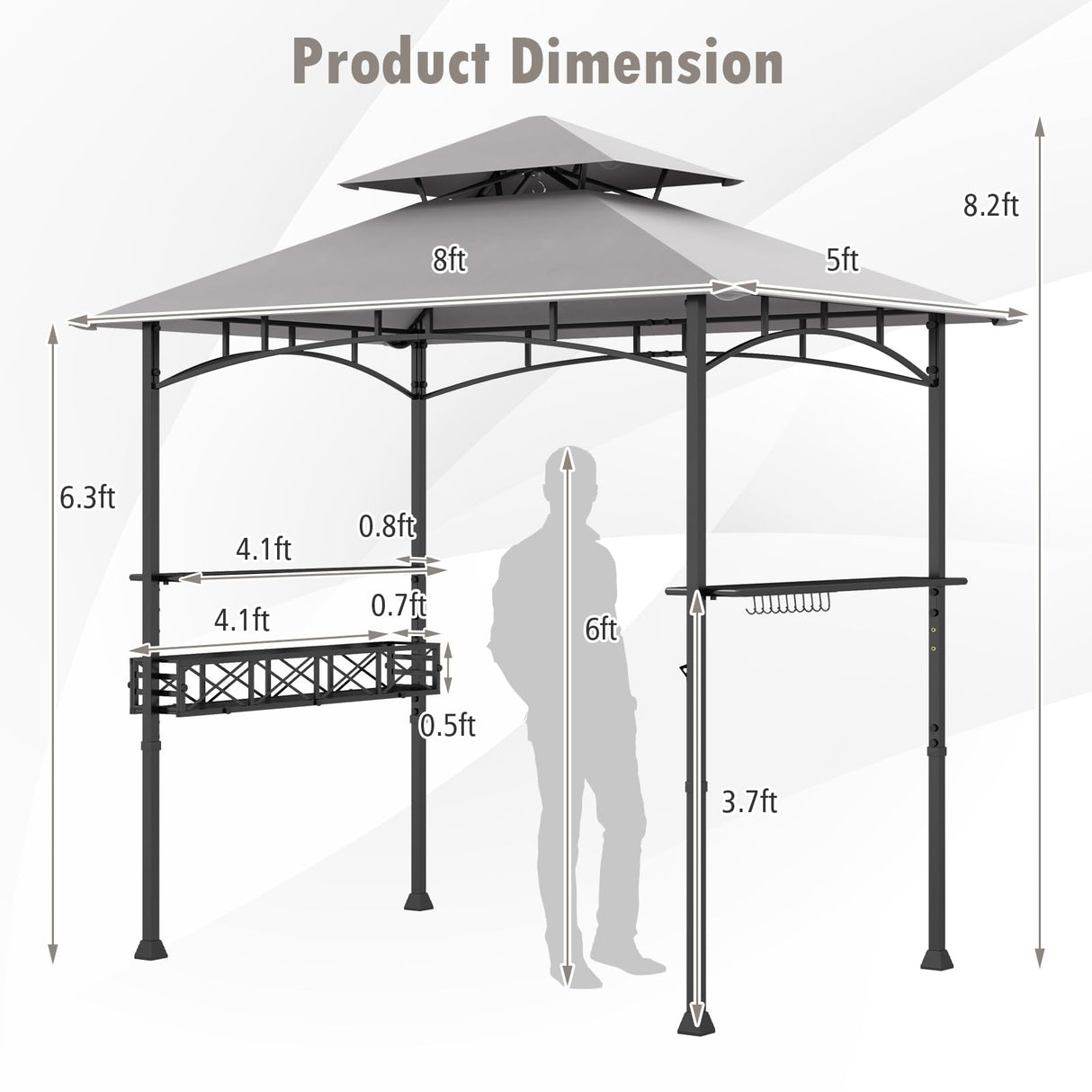 Tangkula 8x5 Ft Grill Gazebo, 2-Tier Barbecue Gazebo with 2 Shelves, 20 Hanging Hooks, Bottle Opener & Storage Basket, Outdoor Grill Canopy for Backyard Garden Poolside (Grey) Tangkula