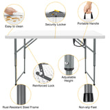 SKOK 330lbs Folding Picnic Table 4/6/8 Foot Adjustable Height, 4/6/8FT Plastic Table Portable w/Handle, Utility Commercial Craft Sewing Card Table w/Heavy Duty Frame for Party Events SKOK
