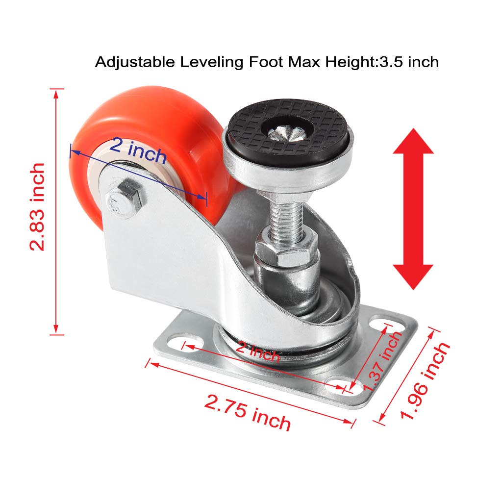 Skelang 4 Pcs 2" Adjustable Leveling Caster, Leveling Feet Wheels, Swivel Plate Casters Wheels, Installing for Industry Equipment, Dollies, Skelang
