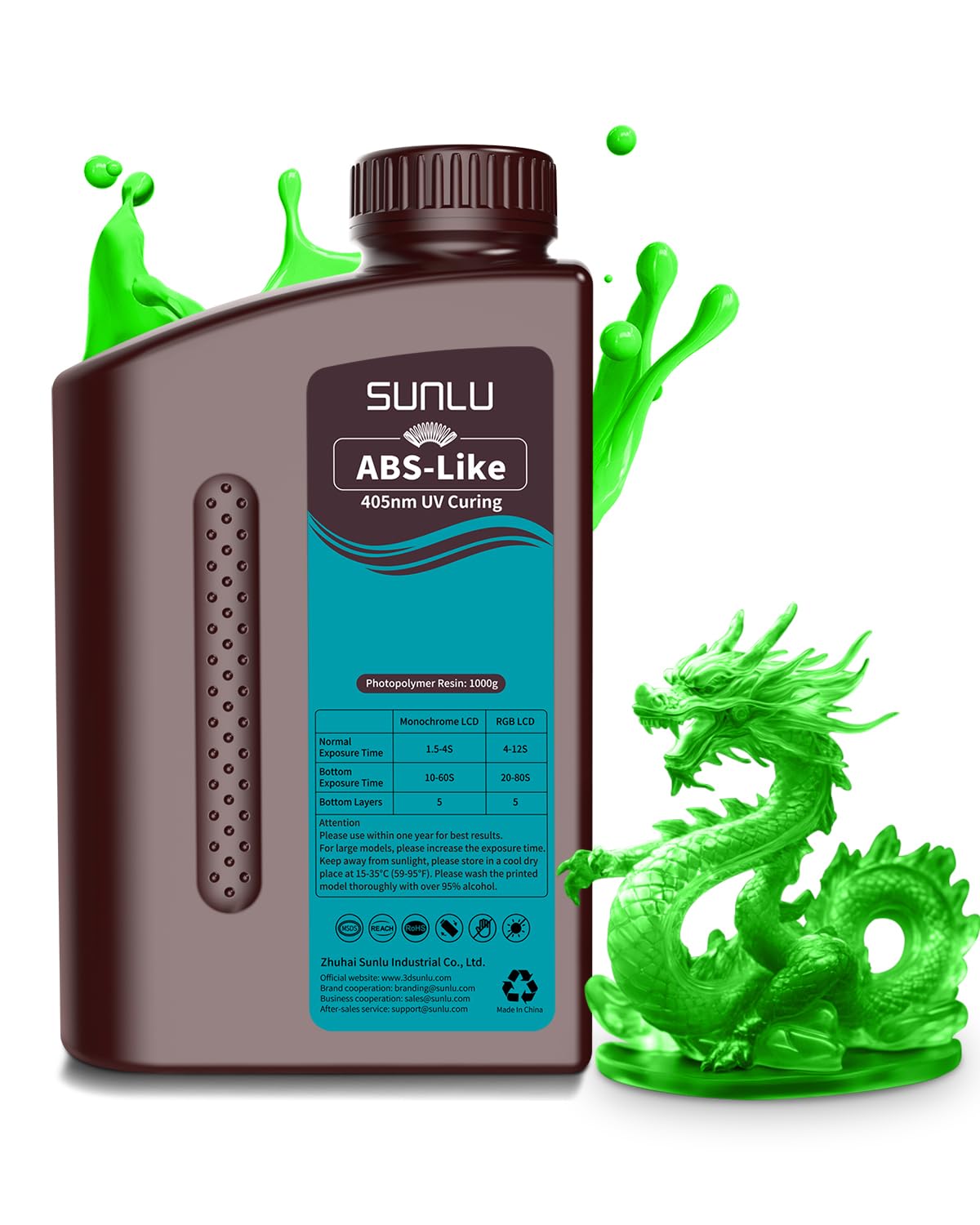 SUNLU 1000G ABS Like Resin for 3D Printer, 405nm UV Curing Photopolymer Rapid 3D Resin for 2K 4K 6K 8K LCD/DLP/SLA 3D Printers, Non-Brittle & High Precision & Low Shrinkage, 1KG, Clear Green SUNLU