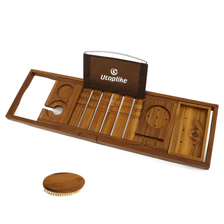 Utoplike Teak Bathtub Caddy Tray Bath Tray for Tub, Unique Bathtub Organizer with Book Tablet Wine Glass Cup Towel Holder, Adjustable, for Your Loved Utoplike