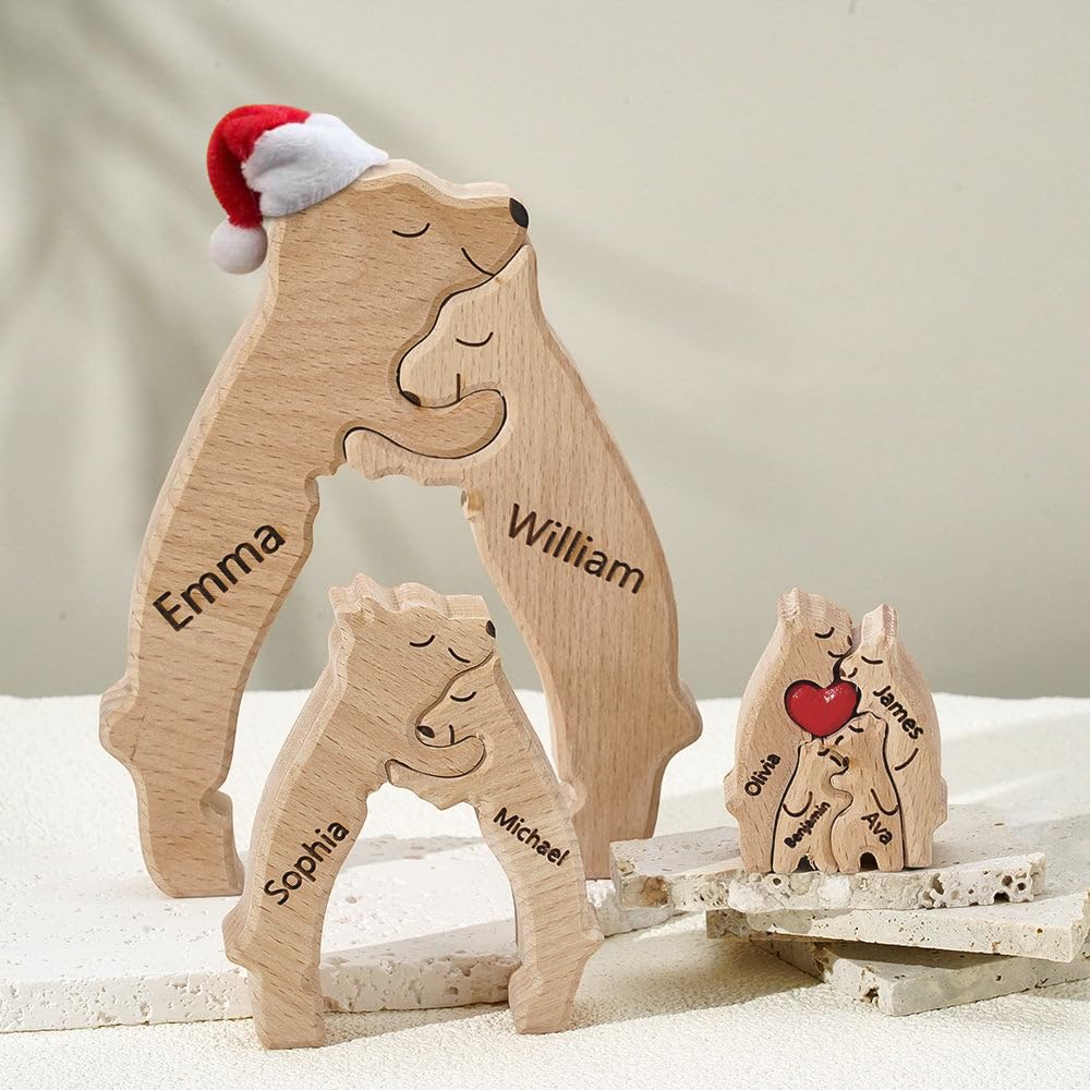 Personalized Wooden Bear Puzzle with Santa Hat and 1-8 Family Name, Custom Family Name Sculpture - Ideal for Christmas, Birthdays, Housewarming - Unique Wooden Decor Gift for Mom and Dad - WoodArtSupply