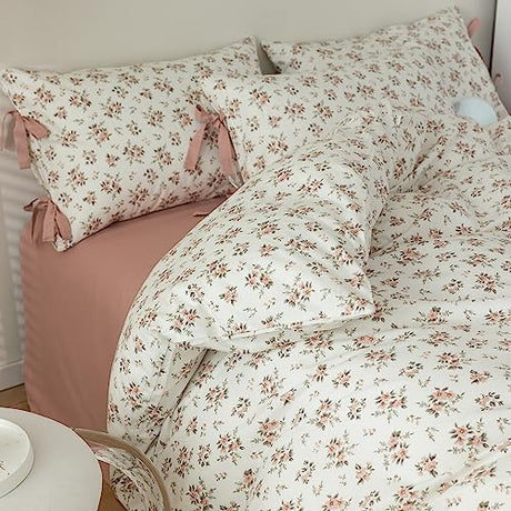 mixinni Vintage Style Girls Pale Pink Flower Pattern Duvet Cover Twin Soft Aesthetic Floral Cotton Bedding Set 1 Duvet Cover with 2 Bow Tie Pillowcases for Women-Twin Size mixinni
