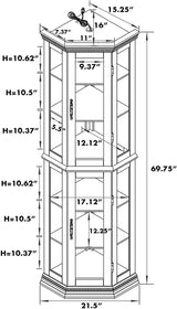 Anveffeg Corner Curio Cabinet with Lights, Adjustable Tempered Glass Shelves, Mirrored Back, Display Cabinet,Light Walnut (E26 Light Bulb not Included) (Walnut) Anveffeg