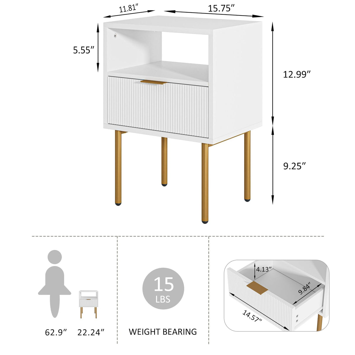 AEPOALUA Nightstand,Modern Bedside Table with Gold Frame,White Night Stand,Bedside Furniture,Small End Table with Drawer and Shelf for Bedroom,Living Room AEPOALUA