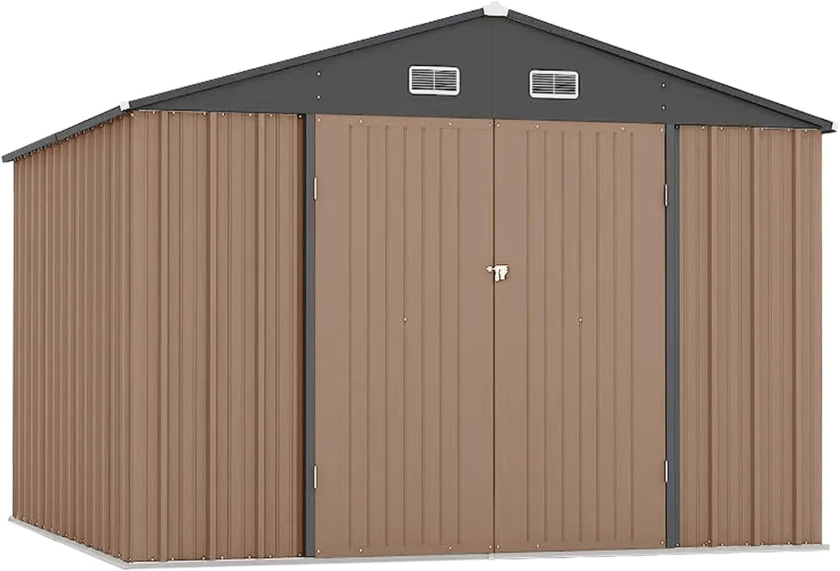 Zstar 10 x 8 FT Outdoor Storage Shed, Metal Steel Shed Storage House with Updated Frame Structure & Lockable Door, Waterproof Garden Steel for Backyard, Garden, Lawn, Patio, Brown Zstar