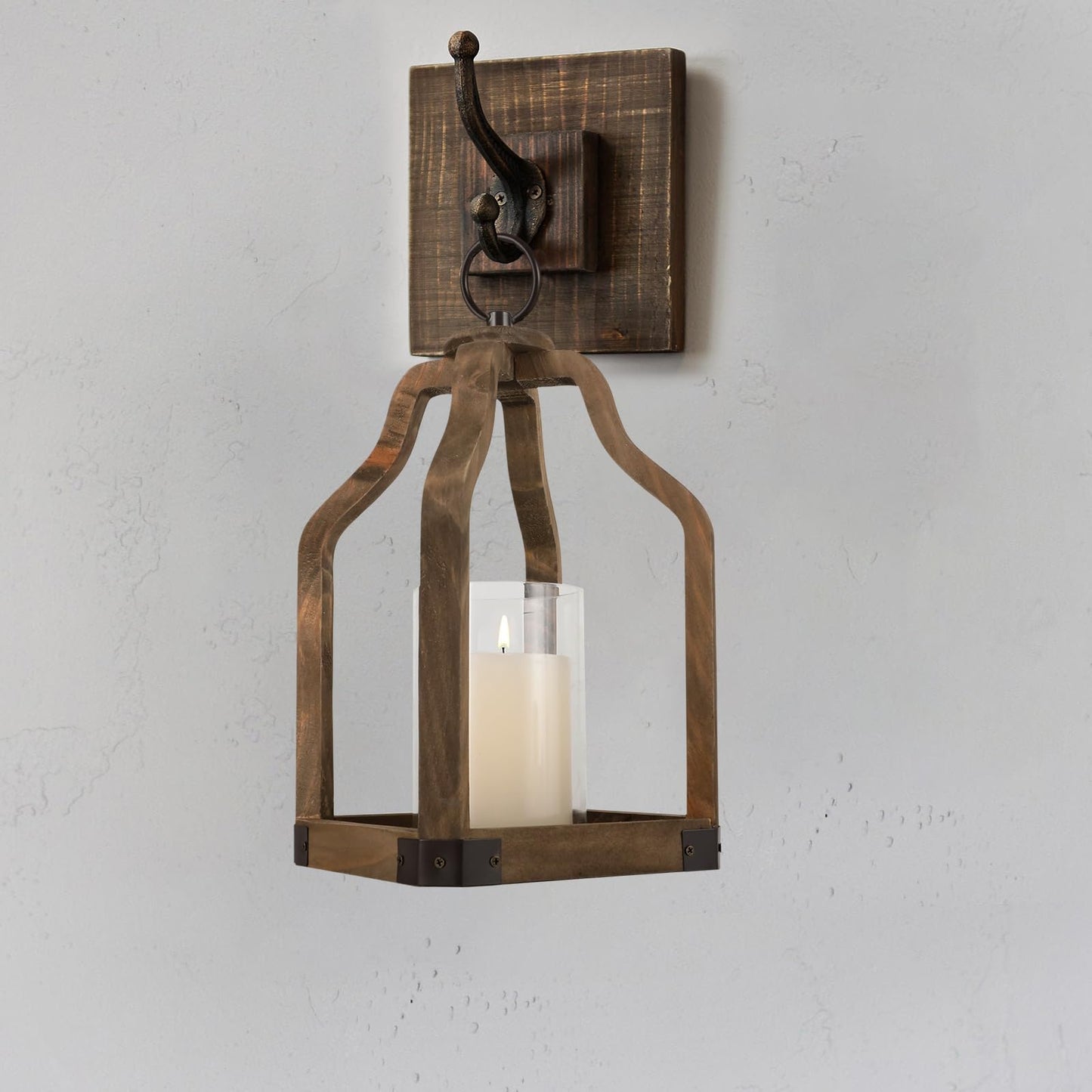 Rustic Wood Lantern Candle Holder for Farmhouse Decor - Indoor and Outdoor Table Centerpiece with Glass Hurricane, 13" High