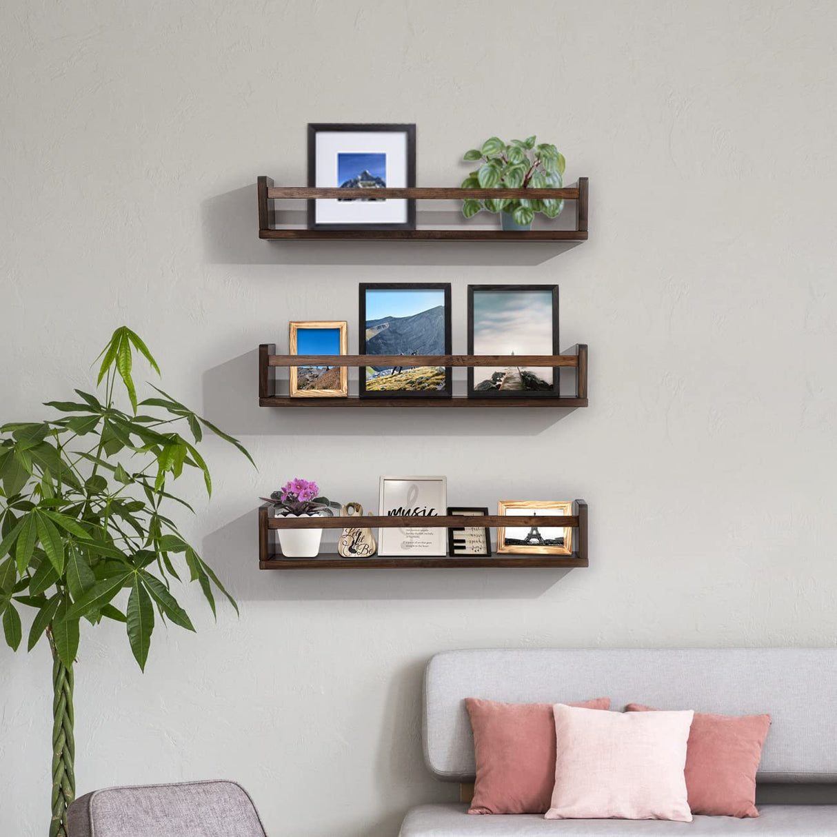 AZSKY Nursery Book Shelves 24 in Set of 3 Walnut Floating Bookshelf for Kids Room Wall Mounted Floating Shelves Solid Nursery Bookshelf Perfect Decor for Kitchen Bedroom Living Room AZSKY