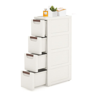 4 Drawers Slim Bathroom Storage Cabinet Dresser, Narrow Plastic Rolling Cart Organizer with Drawers, for Small Spaces, Kitchen, Laundry, Office, Bedroom, White