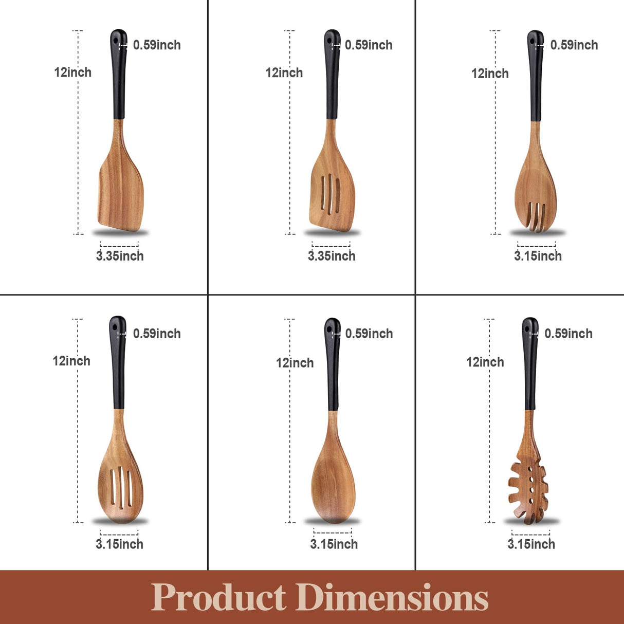 ROSOS Wooden Spoons For Cooking, 6 PCS Natural Acacia Wooden Cooking Utensils or Non-Stick Wooden Kitchen Utensil Set for Kitchen Essentials, Smooth Grip Wooden Cooking Spoons with Hanging Hole, Black ROSOS