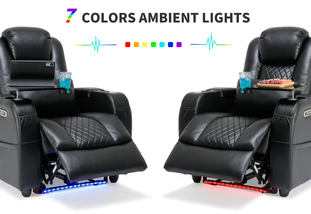 Airadlis Home Theater Seating Seats, Game Movie Theater Chairs Theater Recliner Sofa with 7 Colors Ambient Lighting, Lumbar Pillow, Side Pocket, Tray Table, Power Recline, Black Airadlis