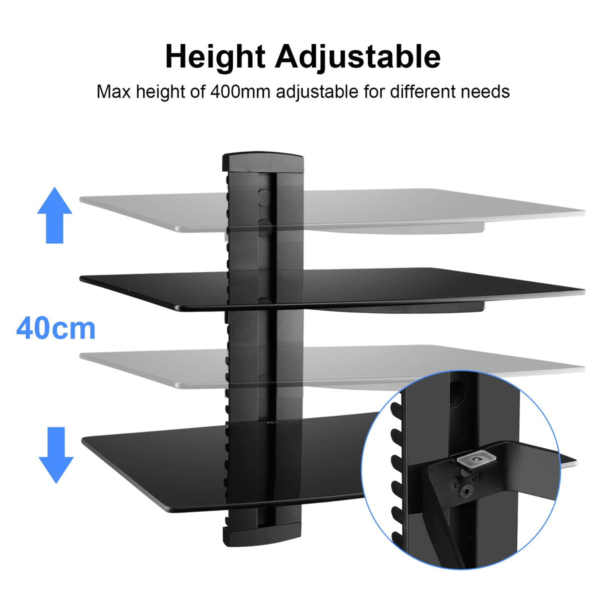 Suptek Glass Floating Shelves, TV Wall Mount with Shelf for DVD Player / PS4 / Cable Boxes/Game Consoles/Sky Box/TV Accessories, Flat Black 2-Tier Wall Mount Bracket suptek