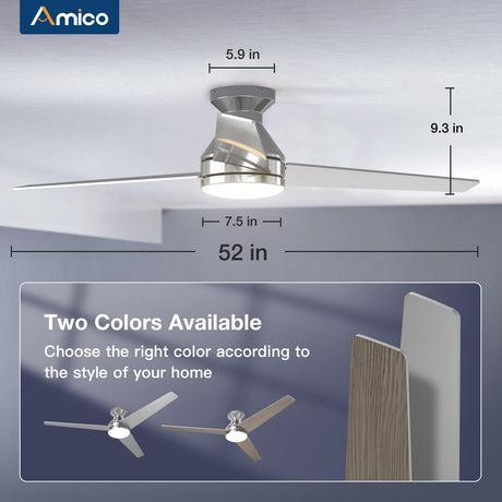 Amico Ceiling Fans with Lights, 52 inch Low Profile Ceiling fan with Light and Remote Control, Flush Mount, Reversible, 3CCT, Dimmable, Noiseless, Nickel Ceiling Fan for Bedroom, Indoor/Outdoor Use Amico