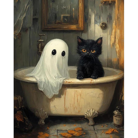 Halloween Paint by Numbers Kit for Adults, Ghost Oil Painting by Numbers with Brushes, Black Cat Art and Crafts Canvas Kit for Beginner Home Decor 16x20 inch / 40x50 cm Clendo