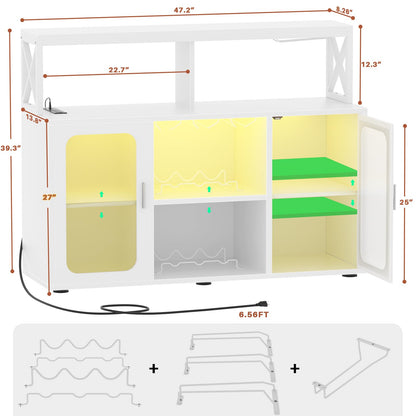 Aheaplus Bar Cabinet Modern Wine Cabinet with Charging Station, LED Strip, Glass Holder, Liquor Cabinet Storage Buffet Cabinet Coffee Bar Cabinet for Liquor, White