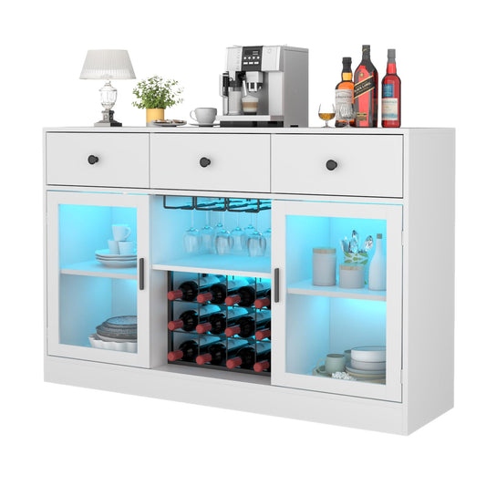 Auromie Wine Bar Cabinet with LED Light, Home Coffee Cabinet with Wine and Glass Rack, Kitchen Buffet Sideboard with Storage Cabinet&Drawers, Modern Liquor Cabinet for Living Room Dining Room (White.)