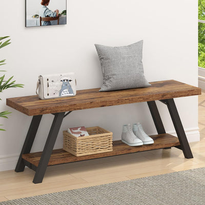 LVB Wood Bench, Industrial Storage Entryway Indoor Bench for Bedroom Hallway Living Room, Rustic Famhouse Wooden Metal Shoe Rack Accent Foyer Bench Seat for Entrance Sitting, Rustic Brown, 47 in Long
