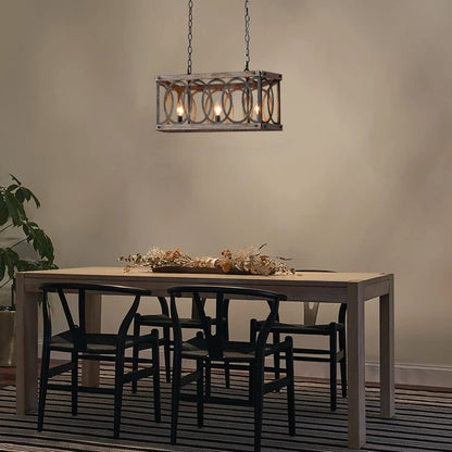 PHILOMENA Antique Wood Farmhouse Chandelier, 3-Light Rustic Bronze Cage Rectangular Dining Room Light Fixtures Over Table, Rectangle Linear Foyer Pendant Lamp Ceiling Hanging