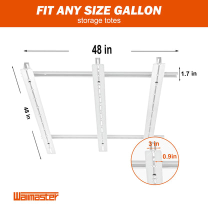 Wallmaster Garage Overhead Storage Rack, Ceiling Bin Organization System With Adjustable Rails, Heavy Duty Metal Overhead Bin Rack Holds Up to 5 Tote Bins (White)