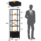 Furnulem 5-Tier Corner Shelf, Narrow Bookshelf with 2 Storage Drawers, 65.16" Tall Bookcase, Standing Shelf Organizer Unit for Living Room, Bedroom, Metal Frame, Wood Display Shelf(Black Oak) Furnulem