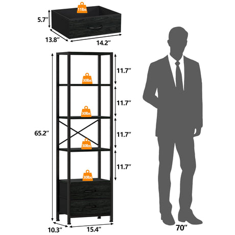 Furnulem 5-Tier Corner Shelf, Narrow Bookshelf with 2 Storage Drawers, 65.16" Tall Bookcase, Standing Shelf Organizer Unit for Living Room, Bedroom, Metal Frame, Wood Display Shelf(Black Oak) Furnulem
