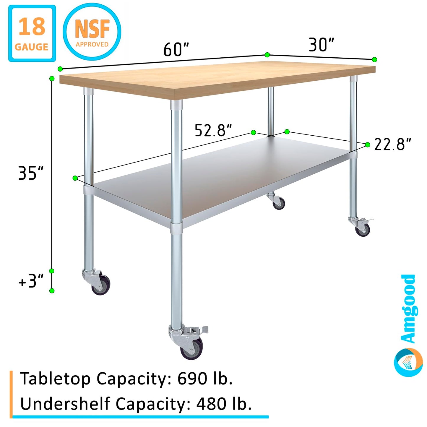 AmGood 30" x 60" Maple Wood Top Work Table with Adjustable Undershelf and Wheels - WoodArtSupply